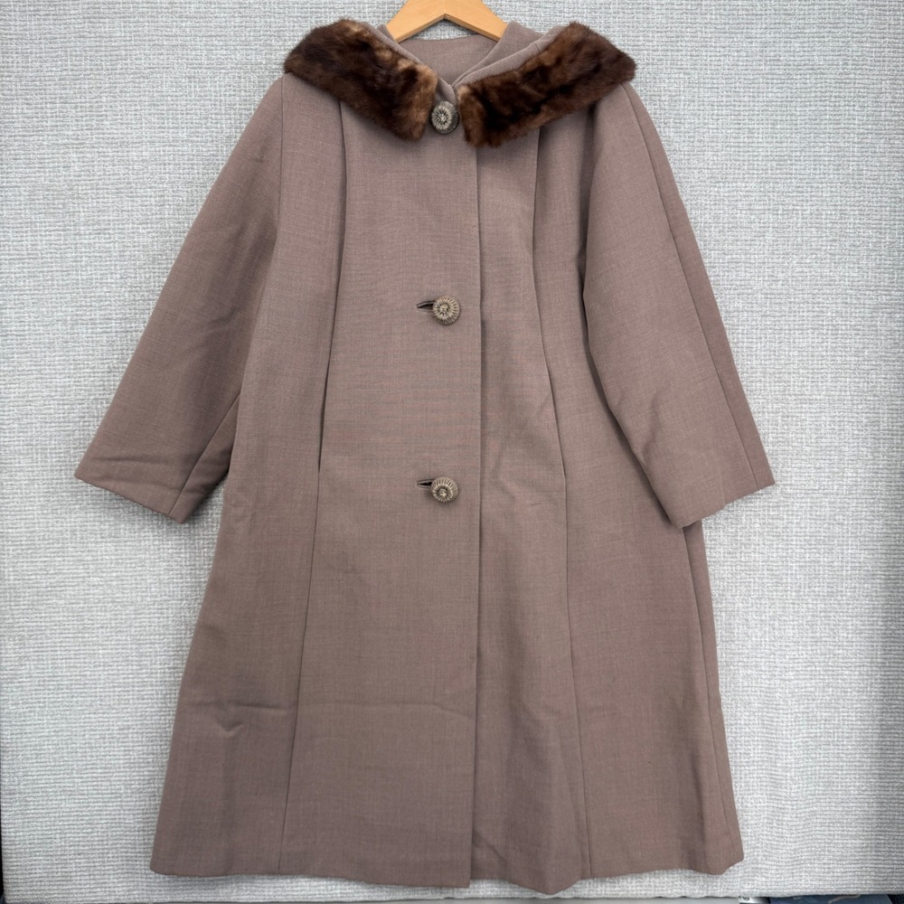 Vintage Crestmoor Mink Fur Collar Coat Brown Wool Blend‎ Overcoat Womens Sz L